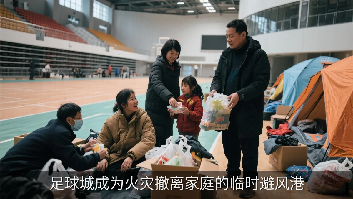 足球城成为火灾撤离家庭的临时避风港